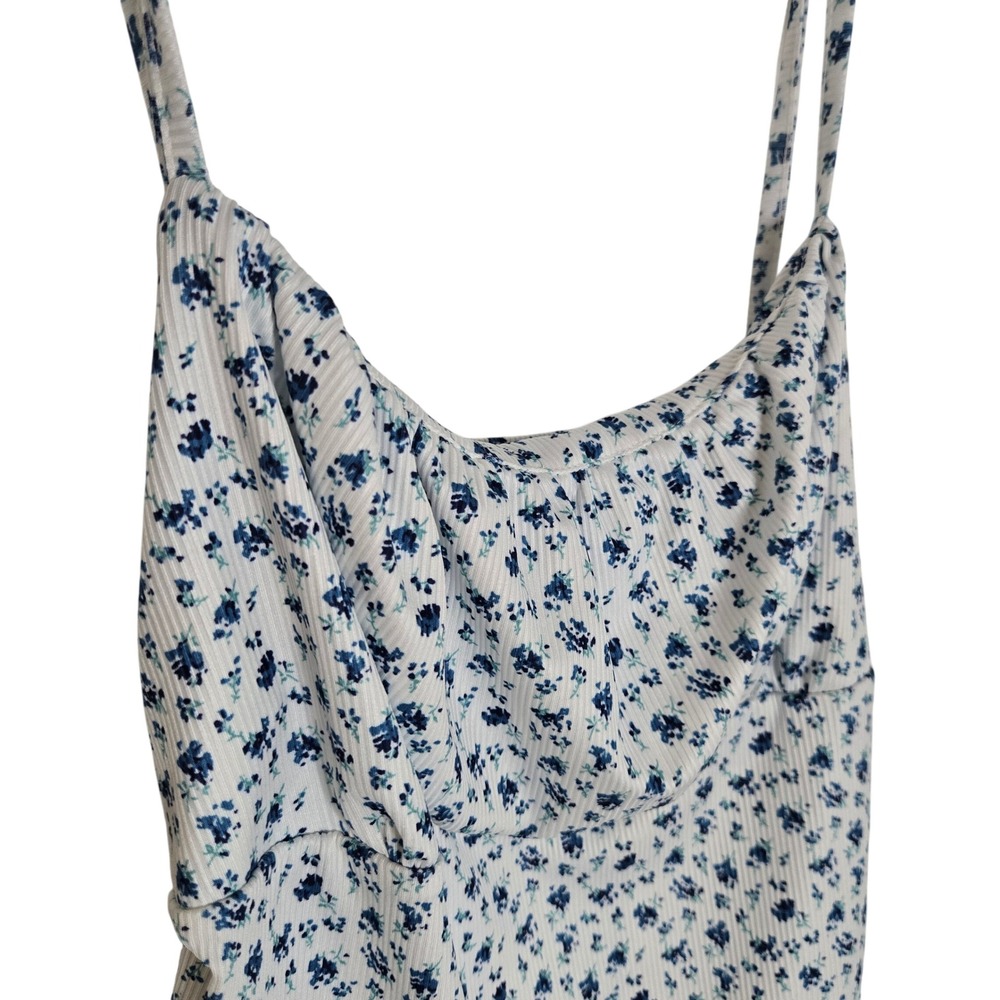 Floral Cowl Neck Ribbed Bodycon Midi Dress Blue White Ruched Spaghetti Strap XS
